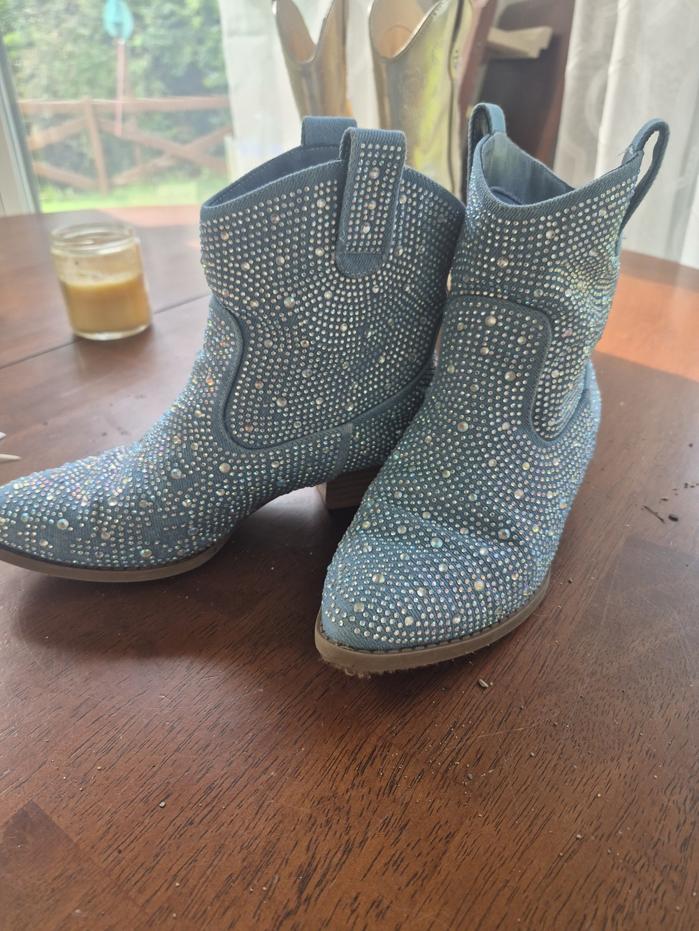 Blue Rhinestone Embellished Western Ankle Boots - Girls Size 3